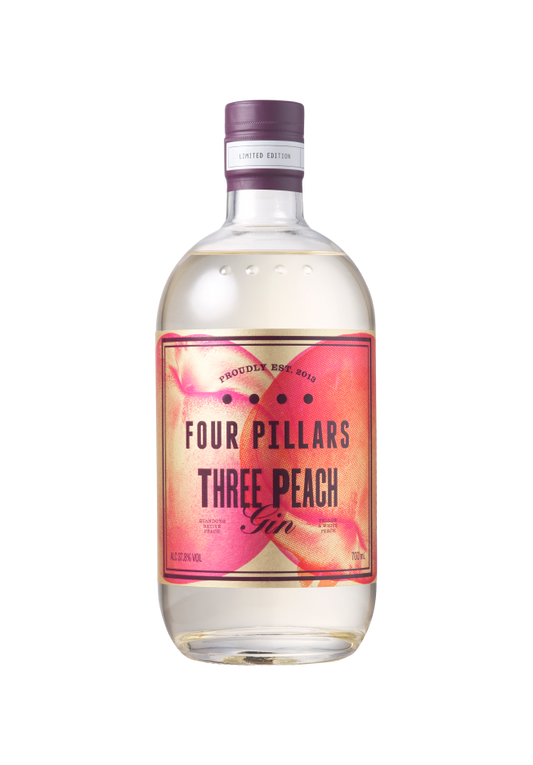 Bottle of Four Pillars Three Peach Gin on a white background