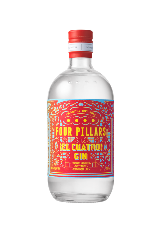 Four Pillars Gin bottle with colorful label on a white background