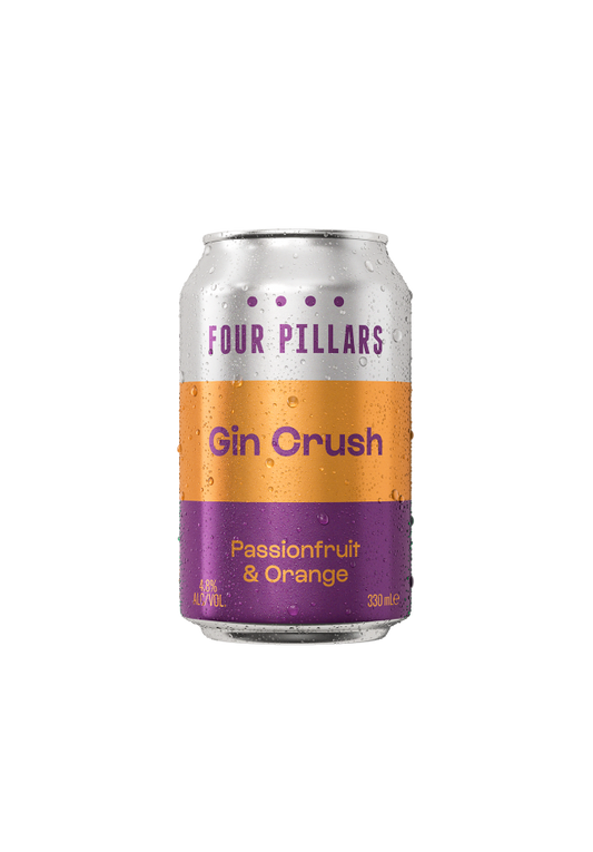 Four Pillars Gin Crush can with passionfruit and orange flavor on a white background